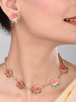 Anvik - Gold Plated Delicate Lotus Necklace Set - Red
