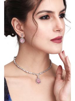 Anvik - Cz Necklace with Pendant and Drop Earring Set In Pink