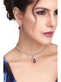 Anvik - Cz Necklace with Pendant and Drop Earring Set In Red