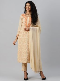 ADA - Hand Embroidered Lucknowi Chikankari Beige Pure Cotton Unstitched Dress Material [A211166]
