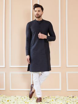 See Designs - Men Black Cotton Solid Straight Kurta