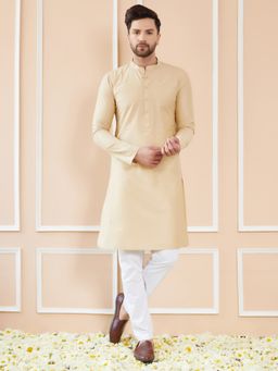 See Designs - Men Beige Cotton Solid Straight Kurta with Pyjama (Set of 2)
