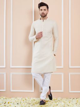 See Designs - Men Cream Cotton Solid Straight Kurta