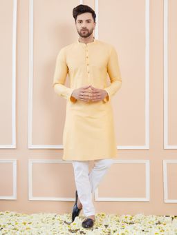 See Designs - Men Yellow Cotton Solid Straight Kurta with Pyjama (Set of 2)
