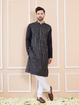 See Designs - Men Black and Gold Chanderi Silk Sequins Kurta