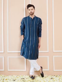 See Designs - Men Teal and Gold Chanderi Silk Sequins Kurta