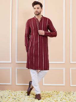 See Designs - Men Maroon and Gold Chanderi Silk Sequins Kurta with Pyjama (Set of 2)