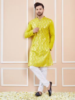 See Designs - Men Lime Green and Gold Rayon Embroidery Sequins Kurta with Pyjama (Set of 2)
