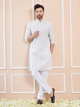 See Designs - Men Off White Cotton Silk Pintex Design Thread Work Kurta with Pyjama (Set of 2)