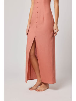 ASHITA FERNANDES - Women Peach Premium Linen Maxi-Length Button-Down Dress