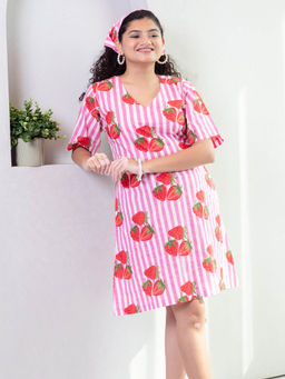 House of Ekam - Pink Strawberry Stripe Screen Printed Cotton Dress