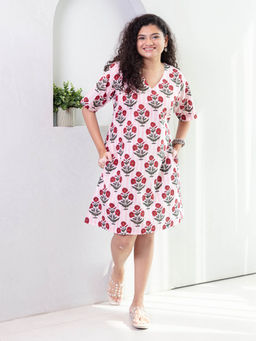 House of Ekam - Pink Poppy Floral Screen Printed Cotton Dress