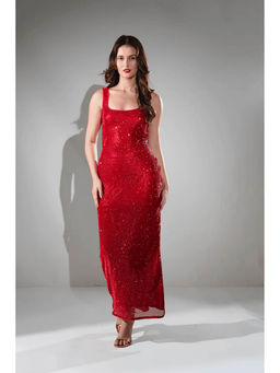 Realm By Vaishali - Midnight Red Chainmail Metallic Maxi Dress