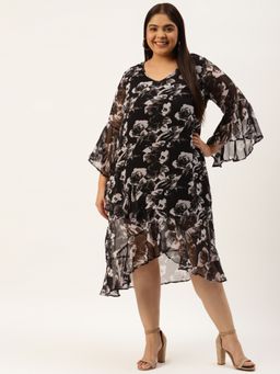theRebelinme - Womens Black andGrey Floral Printed Georgette A-line Midi Dress