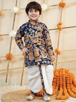 AJ Dezines - Navy-Blue Cotton Full Sleeves Kurta and Printed Dhoti Set
