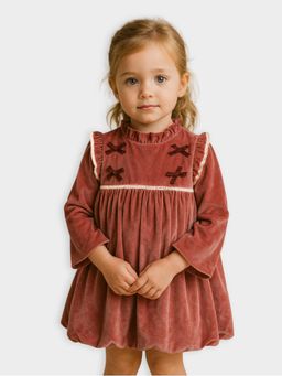 Mi Arcus - Velvet Maroon Lace and Patch Work Full Sleeves Frock