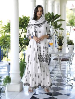 Jaipur Kurti - White Embroidered Semi Stitched Kurta and Sharara with Dupatta (Set of 3)