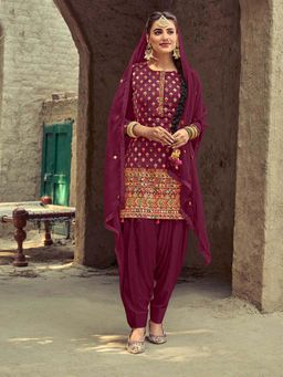 Jaipur Kurti - Wine Embroidered Semi Stitched Kurta and Patiala with Dupatta (Set of 3)