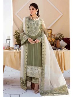 Jaipur Kurti - Green Embroidered Semi Stitched Kurta and Palazzo with Dupatta (Set of 3)
