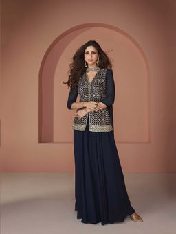 Jaipur Kurti - Navy Blue Embroidered Semi Stitched Kurta and Palazzo with Dupatta (Set of 3)