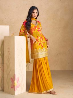 Jaipur Kurti - Mustard Embroidered Semi Stitched Kurta and Sharara with Dupatta (Set of 3)