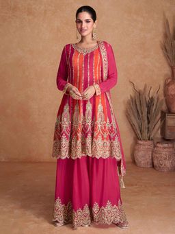 Jaipur Kurti - Pink Embroidered Semi Stitched Kurta and Palazzo with Dupatta (Set of 3)