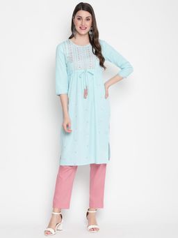 SAVI - Turquoise Blue Cotton Embroidered Designer A-Line Kurta