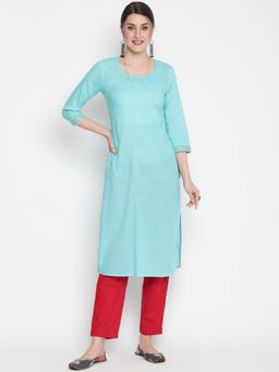 SAVI - Turquoise Blue Cotton Embroidered Designer Straight Kurta