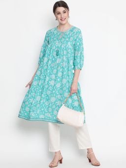 SAVI - Blue & White Cotton Floral Printed with Tassel Designer A-Line Kurta