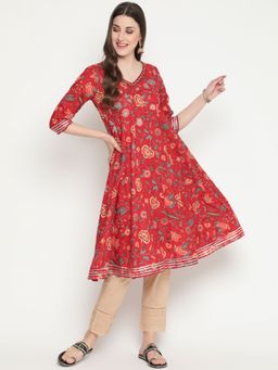 SAVI - Red Cotton Floral Printed Sequins Work Designer A-Line Kurta