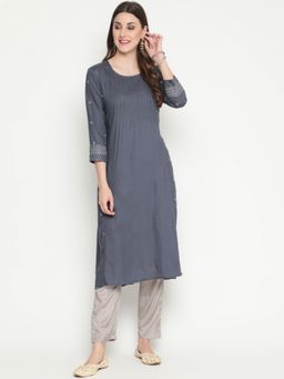 SAVI - Grey Cotton Embroidered Designer Straight Kurta