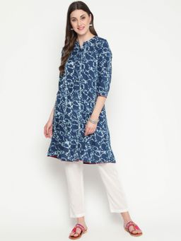 SAVI - Blue Cotton Abstract Printed Designer A-Line Kurta
