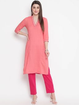 SAVI - Pink Cotton Blend Zari Work Designer Straight Kurta
