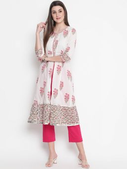 SAVI - White & Pink Cotton Floral Printed Designer A-Line Kurta