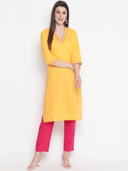 SAVI - Yellow Cotton Blend Zari Work Designer Straight Kurta