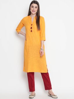 SAVI - Yellow Cotton Thread Work Designer Straight Kurta