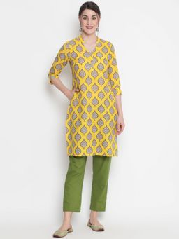 SAVI - Yellow Cotton Ethnic Motifs Printed Designer Straight Kurta