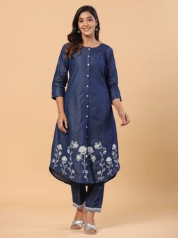 SAVI - Dark Blue Denim Button Closure Designer Kurta