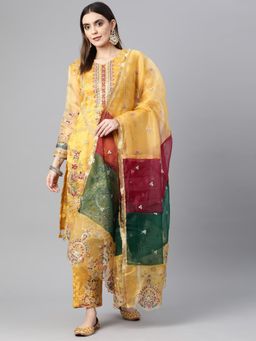 Readiprint - Organza Unstitched Mustard Kurta With Bottom And Dupatta (Set of 3)