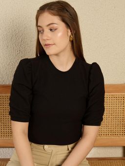 StyleStone - Women Black Ribbed Puff Sleeve Top