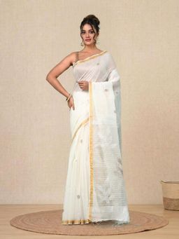 CHARUKRITI - Off White Sequin Work Resham Silk Soft Saree