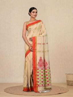 CHARUKRITI - Beige Woven Pattern Cotton Soft Saree