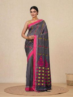 CHARUKRITI - Grey Woven Pattern Cotton Soft Saree