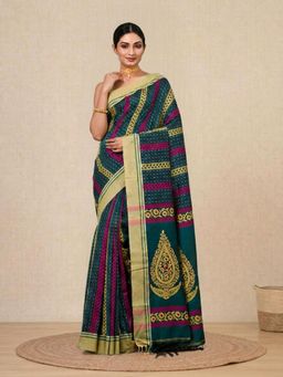CHARUKRITI - Green Woven Pattern Cotton Soft Saree