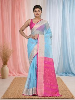 CHARUKRITI - Elegant Sky Blue and Pink Resham with Zari Border Saree