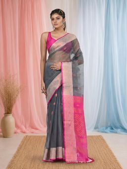 CHARUKRITI - Elegant Grey and Pink Resham with Zari Border Saree