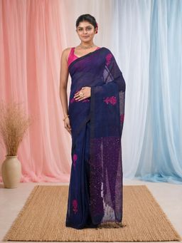 CHARUKRITI - Elegant Blue Linen Floral Woven Saree
