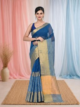 CHARUKRITI - Elegant Sapphire Blue and Gold Linen Saree