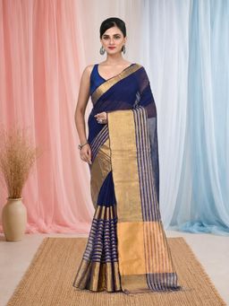 CHARUKRITI - Elegant Navy Blue and Gold Linen Saree