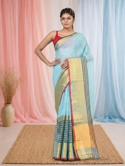 CHARUKRITI - Elegant Sky Blue and Gold Linen Saree